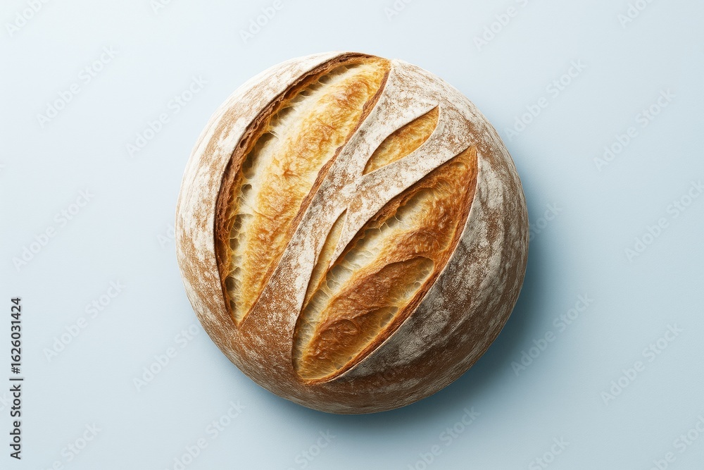 Poster artisan round sourdough bread loaf with crisp crust on light blue background, top view showing textu