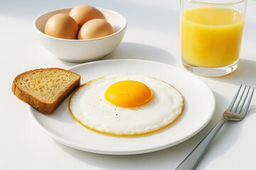 Fototapeta premium Sunny-side up egg with toast, bowl of eggs, and orange juice on white table under soft natural light, minimal breakfast concept scene. Ai generative
