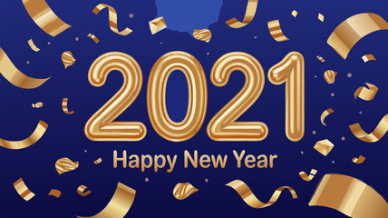 Festive blue background with golden 2021 balloon numbers and confetti for New Year celebration