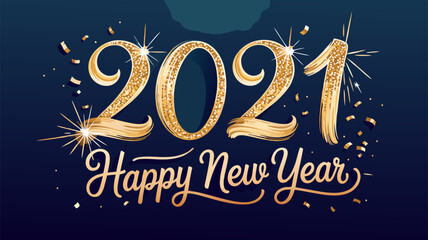 Golden glittering 2021 Happy New Year illustration on a dark blue gradient background