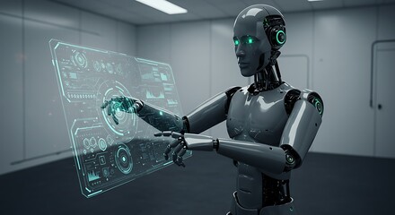 Advanced humanoid robot interacting with futuristic transparent digital interface in a clean modern laboratory setting embodying future technology
