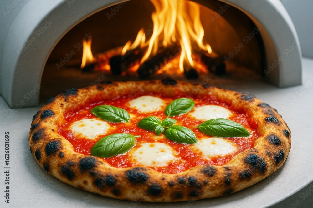 Poster Traditional Margherita pizza with basil and mozzarella in front of flaming wood-fired oven on stone surface background in rustic light setting. Ai generative