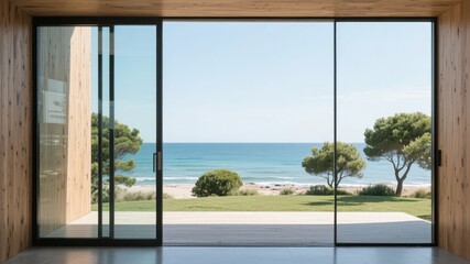 Modern interior with large glass doors opening to a serene beach and ocean view
