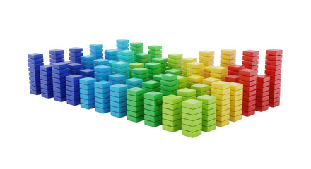 A vibrant 3D bar graph composed of stacked colorful blocks on a white background, for data analysis.