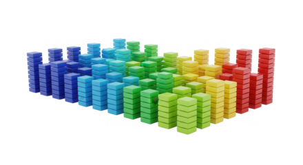 A vibrant 3D bar graph composed of stacked colorful blocks on a white background, for data analysis.