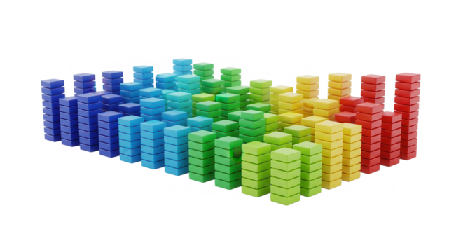 A vibrant 3D bar graph composed of stacked colorful blocks on a white background, for data analysis.