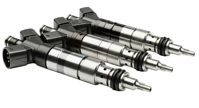 A set of four modern fuel injectors with metallic textures neatly aligned on a white background.