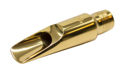 A shiny golden saxophone mouthpiece with soft reflections, isolated on a white background