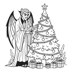 Vampire decorates christmas tree with gifts in black and white colouring page