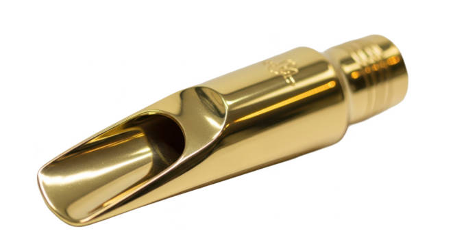 A shiny golden saxophone mouthpiece with soft reflections, isolated on a white background - Powered by Adobe