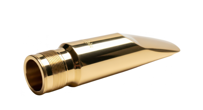 A shiny gold saxophone mouthpiece lying on its side with soft reflections on a white background