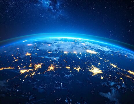 Earth seen from orbit at night, glowing city lights, curved planet surface, realistic stars in space background --ar 3:2