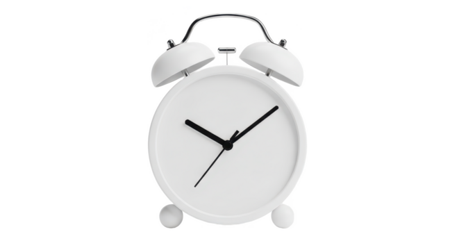 A simple white alarm clock with a blank face and black hands standing on a bright white background.