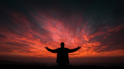 Man with open arms silhouetted against a dramatic fiery sunset sky, embracing freedom and new beginnings.