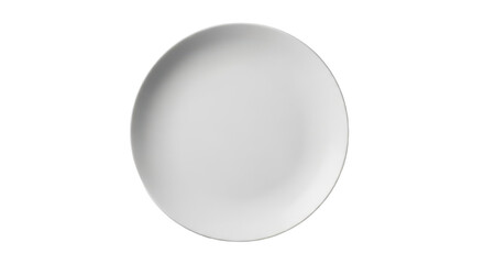 A single white ceramic plate viewed top-down against a matte white minimalist background