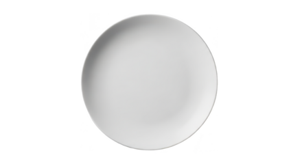 A single white ceramic plate viewed top-down against a matte white minimalist background