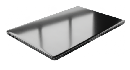 A sleek, modern laptop closed and placed diagonally on a clean white surface with reflections