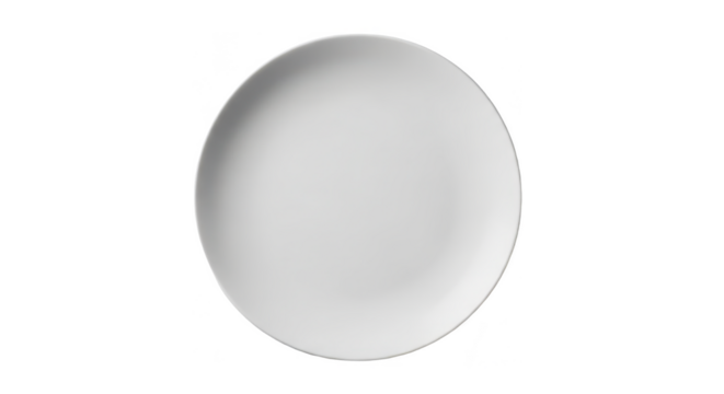 A single white ceramic plate viewed top-down against a matte white minimalist background