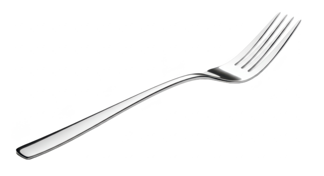 A sleek stainless steel table fork placed diagonally on a pure white background in a studio