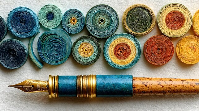 Colorful paper quilled circles arranged next to a vintage pen.