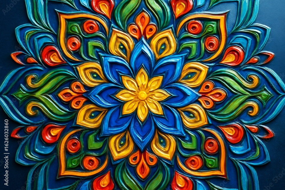Poster brightly colored abstract mandala pattern with glossy texture on dark background showing vibrant flo
