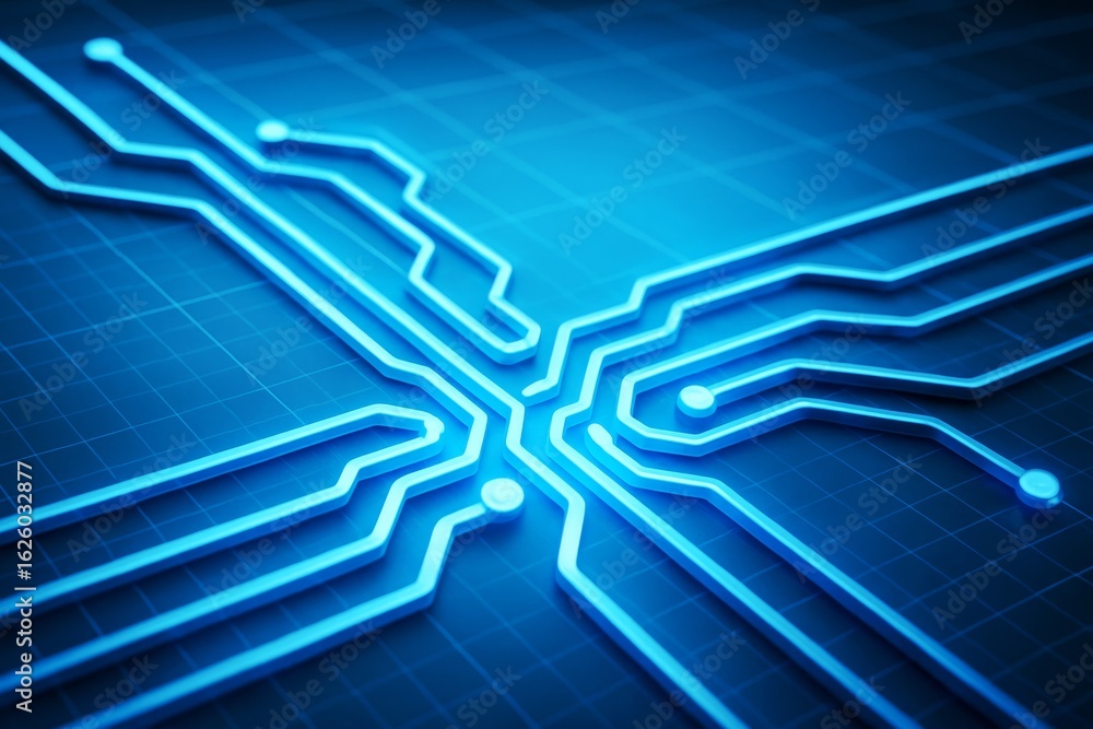 Poster glowing blue circuit board lines crossing on grid background viewed in perspective, symbolizing tech