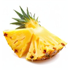 Fresh pineapple slices, vibrant yellow flesh, green crown, isolated on white