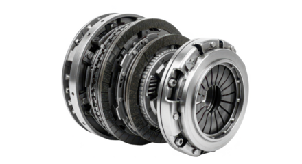 A detailed view of an automotive clutch kit assembly with pressure plate and disc on a white background.
