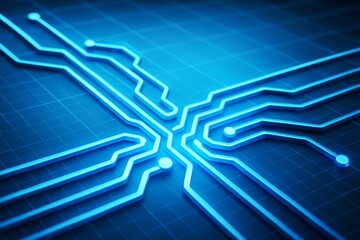 Glowing blue circuit board lines crossing on grid background viewed in perspective, symbolizing technology and digital connections concept. Ai generative
