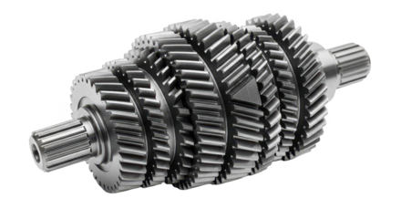 A detailed view of a transmission gear cluster with interlocking steel gears on a white background