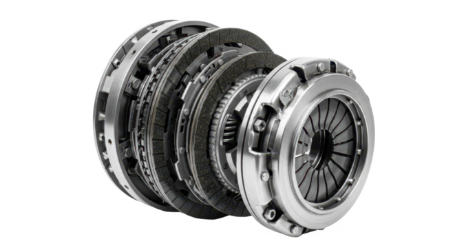 A detailed view of an automotive clutch kit assembly with pressure plate and disc on a white background.