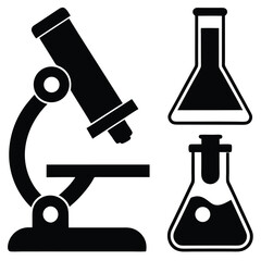 Obraz premium Black microscope and laboratory flasks science research