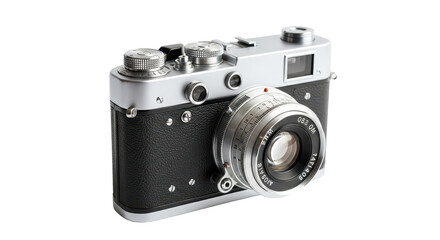 Fototapeta premium A vintage rangefinder camera with a black body, isolated on a bright white background.