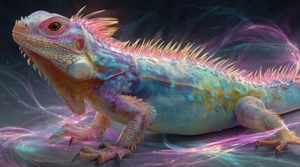 Iridescent iguana with swirls of bright colors in the background