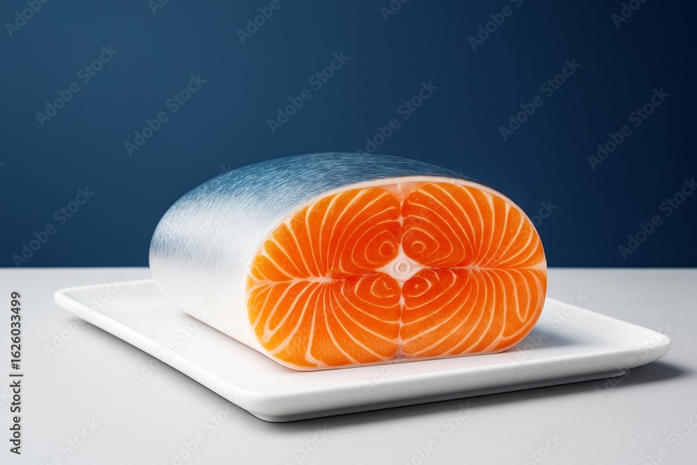 Poster close-up of abstractly styled salmon fillet with symmetrical pattern on white plate against minimal 