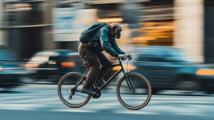 Fototapeta premium monkey riding a bicycle down a city street, casual clothes and motion captured mid-pedal 