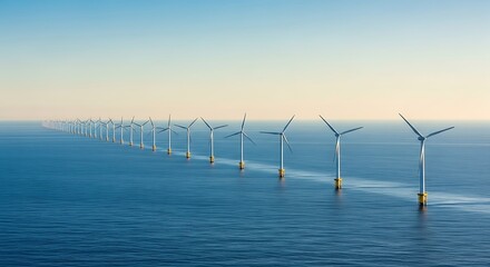 Offshore wind turbines stretching across the ocean water