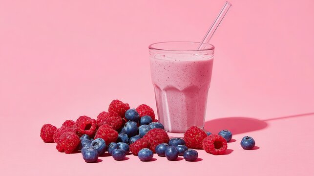A smoothie with straws in a glass, fresh blueberries and raspberries in front, bright studio lighting against a pink background, perfect for e-commerce food photography. - Powered by Adobe