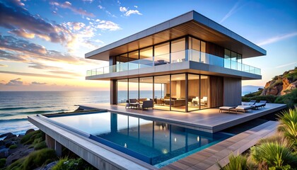 Luxurious Modern Coastal Home with Infinity Pool and Ocean Sunset Views