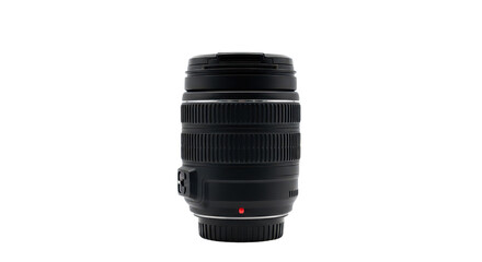 A professional black telephoto camera lens standing upright on a clean white background.