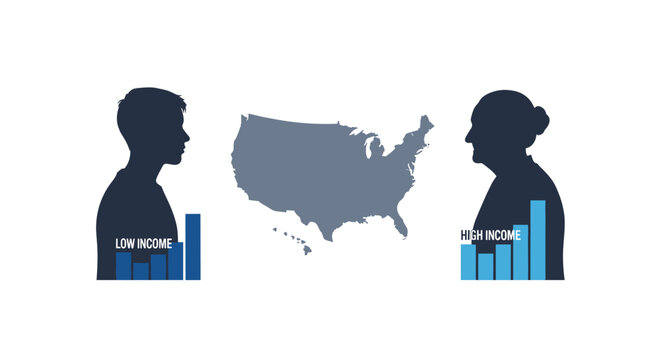 A conceptual illustration depicting income distribution and demographic differences across the United States, utilizing silhouettes and bar graphs.