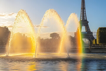 Golden Hour Fountain Display with Eiffel Tower and Rainbow in Pa