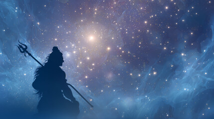 Silhouette of Narayan with Sheshnag under starlit sky, cosmic tones and soft light