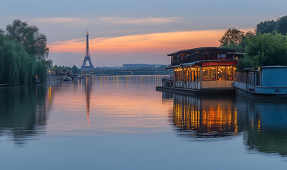Parisian Sunset: Eiffel Tower and Illuminated River Restaurant