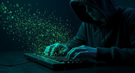Anonymous Hacker Coding Malicious Software with Binary Data Stream Cyber Security Threat Concept with Hooded Figure and Keyboard Interface