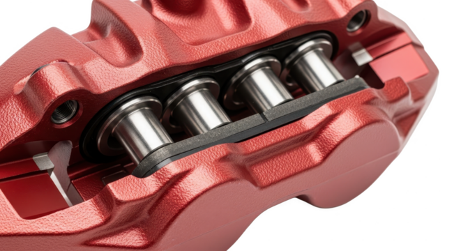 High-performance red automotive brake caliper with detailed shiny pistons, isolated on white