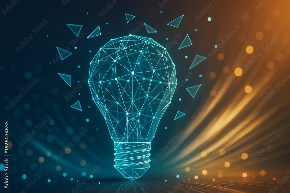 Poster futuristic geometric light bulb made of glowing lines and dots symbolizing innovation and ideas on a