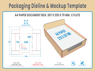Packaging Dieline and Mockup Template. Paper Document Box. Dieline Real Shape and Dimension. Mockup Template. Fully editable vector. Equipped die cut lengths prepared for production.