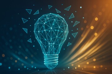 Futuristic geometric light bulb made of glowing lines and dots symbolizing innovation and ideas on abstract colorful background with light streaks.