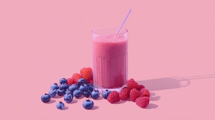 A smoothie with straws in a glass, fresh blueberries and raspberries in front, bright studio lighting against a pink background, perfect for e-commerce food photography.
